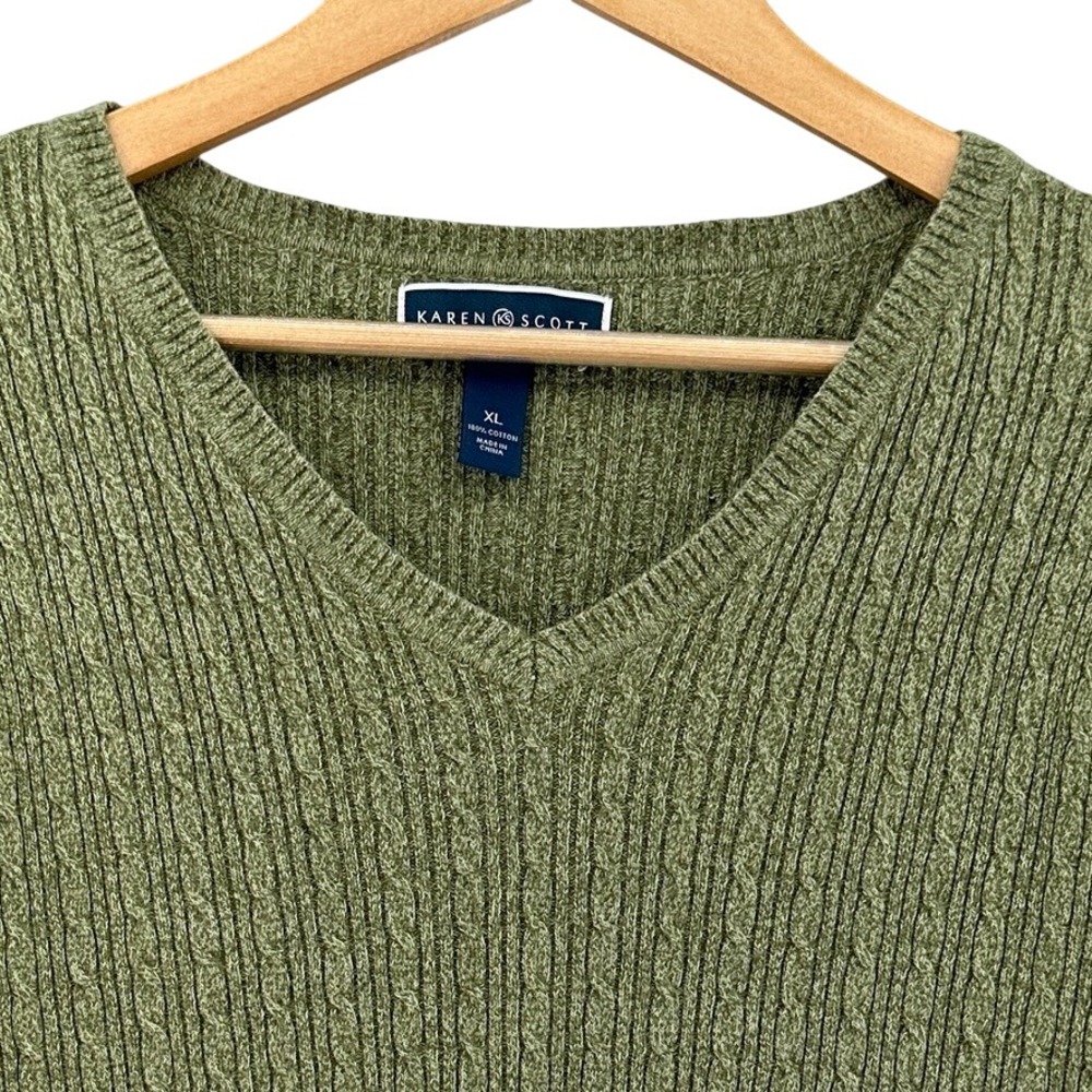 Karen Scott Olive Green Cotton‎ Cable Knit V-Neck 3/4 Sleeve Cotton Sweater XL